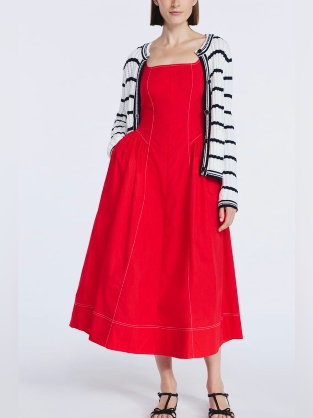Red Square-Neck Midi Dress with Flared Skirt